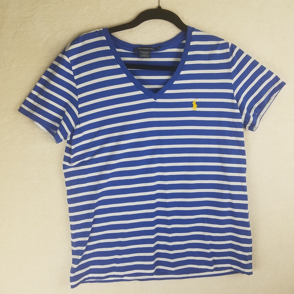 Ralph Lauren Sport Blue White Stripe V Neck T Shirt‎ Yellow Pony Logo XL
